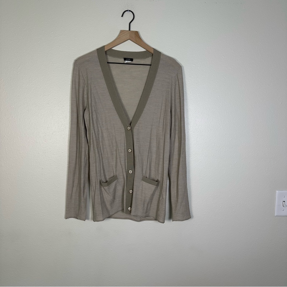 J CREW Womens Med Merino Wool Preppy Beige Stripe Lightweight Cardigan‎ Sweater
